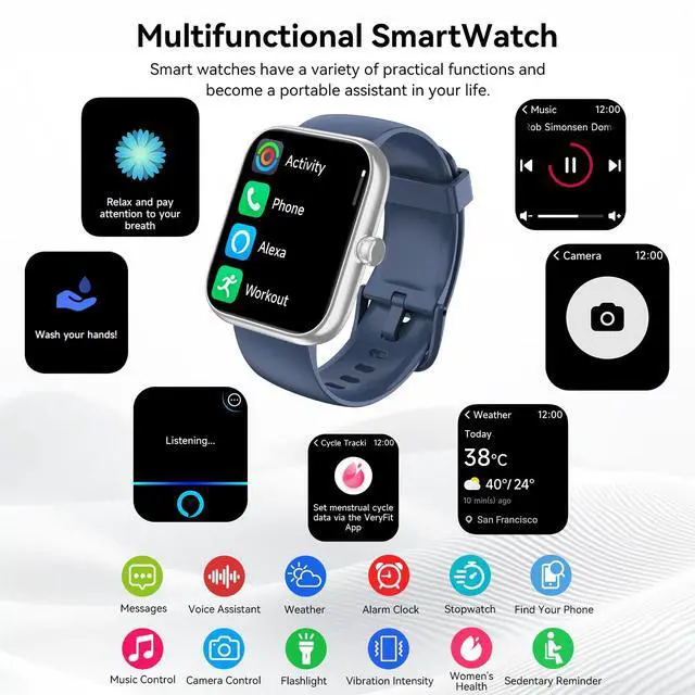 Alt view image 6 of 7 - Smart Watch with Alexa Built-in, 1.83" HD Health Fitness Tracker, Bluetooth Calls/Notifications, 120+ Sports Modes, 24/7 Heart Rate/Sleep Tracking, IP68 Waterproof for iPhone and Android (Blue)
