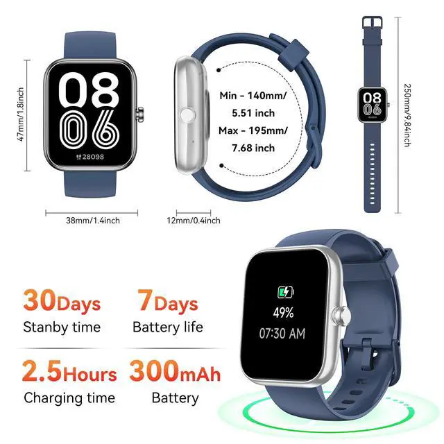 Alt view image 7 of 7 - Smart Watch with Alexa Built-in, 1.83" HD Health Fitness Tracker, Bluetooth Calls/Notifications, 120+ Sports Modes, 24/7 Heart Rate/Sleep Tracking, IP68 Waterproof for iPhone and Android (Blue)