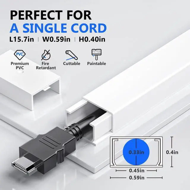 Alt view image 3 of 7 - Cord Cover, 142in Wire Covers for Cords on Wall, Small Cord Cable Hider for 1 Wire, Ease Installation Cords Hider for Wall Mount TV, Paintable Cable Cover Raceway, L15.7 W0.59 H0.4in, White