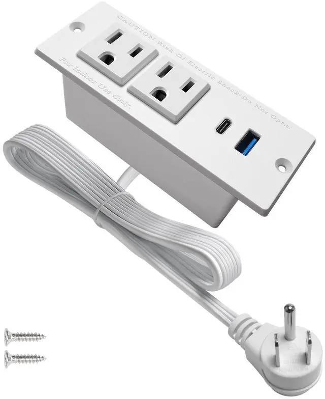 Main image of USB C Recessed Power Strip Fast Charge Desktop Power Station 2 Outlets 2 USB (PD20W & QC18W, Total 20W) Mountable Flat Plug Extension Cord Mount for Tabletop Sofa Cabinet Nightstand (USB C White)