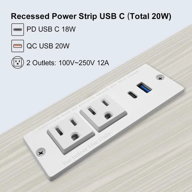 Alt view image 3 of 7 - USB C Recessed Power Strip Fast Charge Desktop Power Station 2 Outlets 2 USB (PD20W & QC18W, Total 20W) Mountable Flat Plug Extension Cord Mount for Tabletop Sofa Cabinet Nightstand (USB C White)