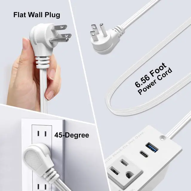 Alt view image 4 of 7 - USB C Recessed Power Strip Fast Charge Desktop Power Station 2 Outlets 2 USB (PD20W & QC18W, Total 20W) Mountable Flat Plug Extension Cord Mount for Tabletop Sofa Cabinet Nightstand (USB C White)