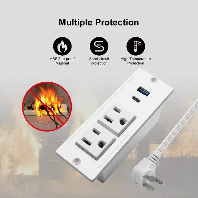 Alt view image 5 of 7 - USB C Recessed Power Strip Fast Charge Desktop Power Station 2 Outlets 2 USB (PD20W & QC18W, Total 20W) Mountable Flat Plug Extension Cord Mount for Tabletop Sofa Cabinet Nightstand (USB C White)