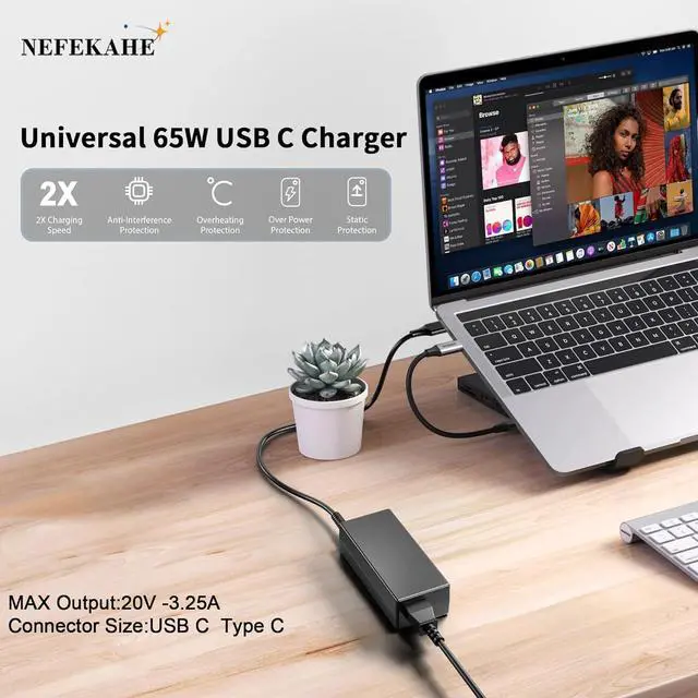 Alt view image 5 of 5 - 65W USB C Laptop Charger, Type-C Power Adapter Replacement for HP, Dell, Google Chromebook & PC Computer, Fast Charging Cord Supply for ThinkPad, Samsung, Acer Spin, C Port Wire Block