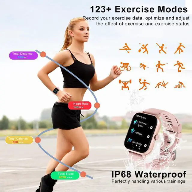 Alt view image 4 of 6 - Smart Watch for Men Women Compatible with IOS Android Phone, 1.83" Full Touchscreen IP68 Waterproof Smart Watches,Fitness Tracker with Make/Recive Call 123+ Sport Modes Heart Rate/Sleep Monitor,Pink