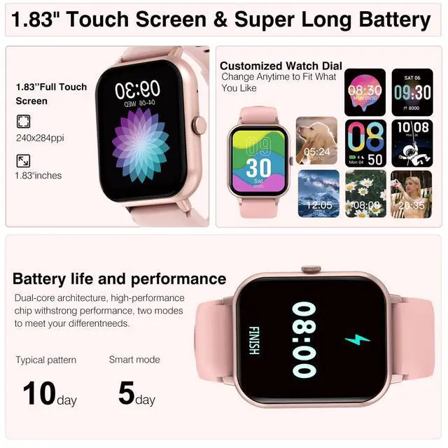 Alt view image 6 of 6 - Smart Watch for Men Women Compatible with IOS Android Phone, 1.83" Full Touchscreen IP68 Waterproof Smart Watches,Fitness Tracker with Make/Recive Call 123+ Sport Modes Heart Rate/Sleep Monitor,Pink