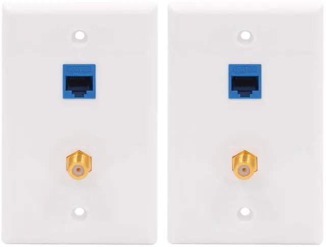Main image of Ethernet Coax Wall Plate (UL Listed), 2-Port Coax and Ethernet Wall Outlet with CAT6 Keystone Coupler and 3GHz Gold Plated Coaxial Keystone Jack Insert, Blue 2-Pack