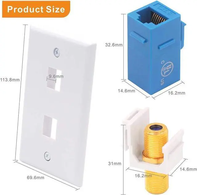 Alt view image 4 of 7 - Ethernet Coax Wall Plate (UL Listed), 2-Port Coax and Ethernet Wall Outlet with CAT6 Keystone Coupler and 3GHz Gold Plated Coaxial Keystone Jack Insert, Blue 2-Pack