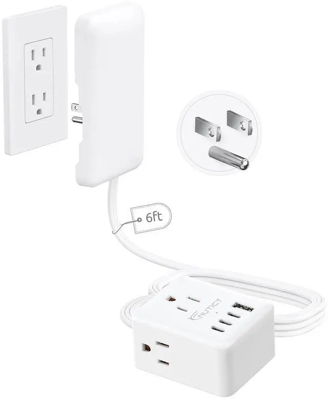 Main image of 6FT Flat Extension Cord with Outlet Cover, Flat Plug Power Strip with 3 Outlets & 3 USB-C & 1 USB-A Port, Wall Mountable, Small Outlet Extender Hidden Behind Couch, Nightstand, Bed, White