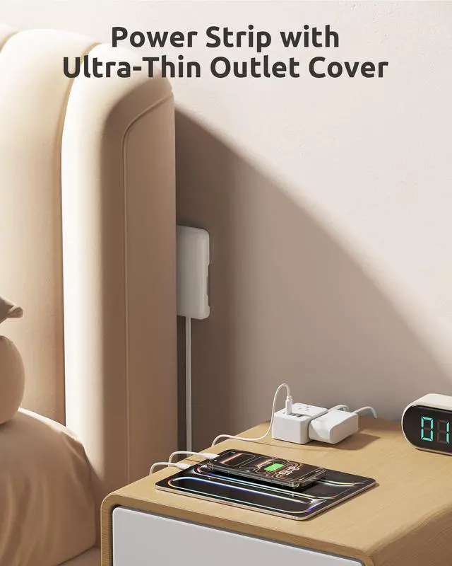 Alt view image 3 of 7 - 6FT Flat Extension Cord with Outlet Cover, Flat Plug Power Strip with 3 Outlets & 3 USB-C & 1 USB-A Port, Wall Mountable, Small Outlet Extender Hidden Behind Couch, Nightstand, Bed, White