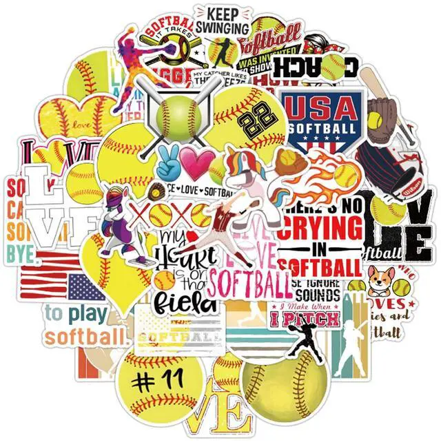 Main image of 50 Pieces Softball Stickers, Soft Ball Vinyl Stickers for Water Bottle, Helmet, Laptop, Phone, Softball Gifts, Party Favors, Sport Sticker Soft Ball Decorations for Teens
