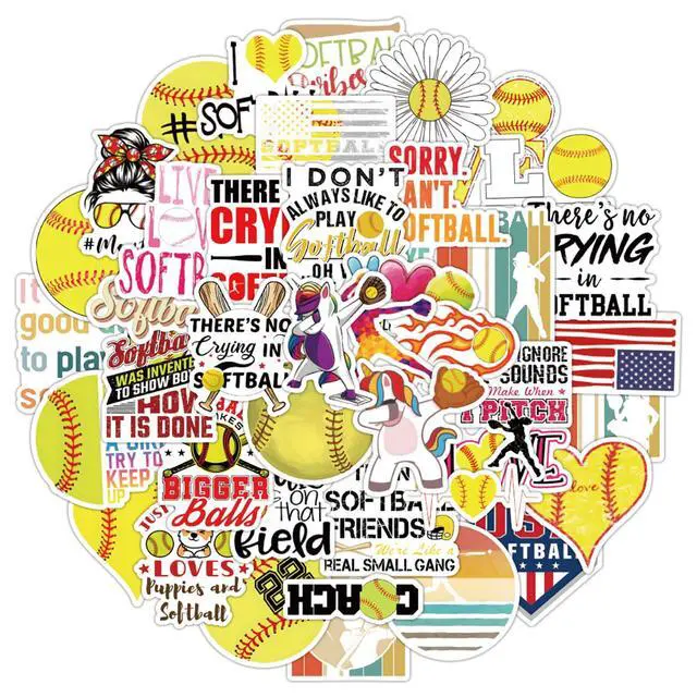 Alt view image 2 of 7 - 50 Pieces Softball Stickers, Soft Ball Vinyl Stickers for Water Bottle, Helmet, Laptop, Phone, Softball Gifts, Party Favors, Sport Sticker Soft Ball Decorations for Teens