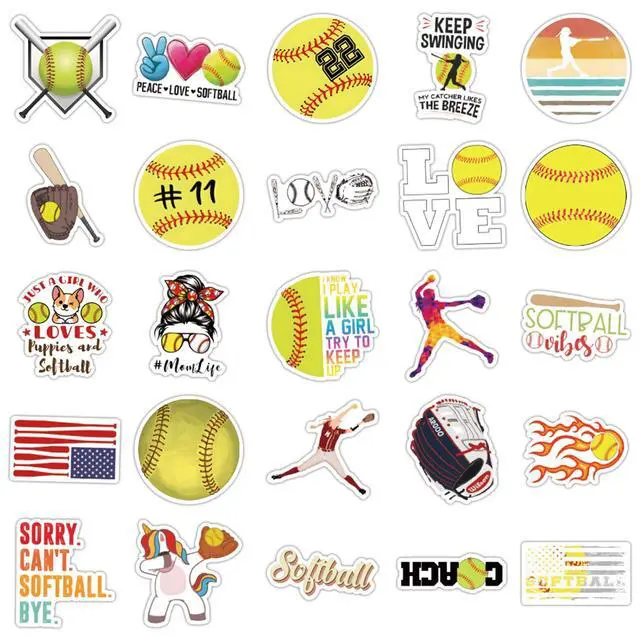 Alt view image 3 of 7 - 50 Pieces Softball Stickers, Soft Ball Vinyl Stickers for Water Bottle, Helmet, Laptop, Phone, Softball Gifts, Party Favors, Sport Sticker Soft Ball Decorations for Teens