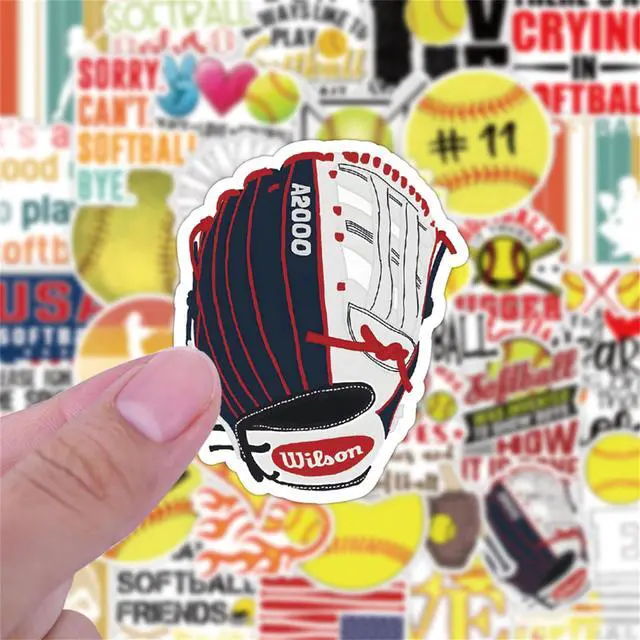 Alt view image 5 of 7 - 50 Pieces Softball Stickers, Soft Ball Vinyl Stickers for Water Bottle, Helmet, Laptop, Phone, Softball Gifts, Party Favors, Sport Sticker Soft Ball Decorations for Teens