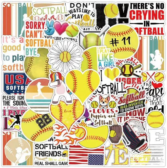 Alt view image 6 of 7 - 50 Pieces Softball Stickers, Soft Ball Vinyl Stickers for Water Bottle, Helmet, Laptop, Phone, Softball Gifts, Party Favors, Sport Sticker Soft Ball Decorations for Teens