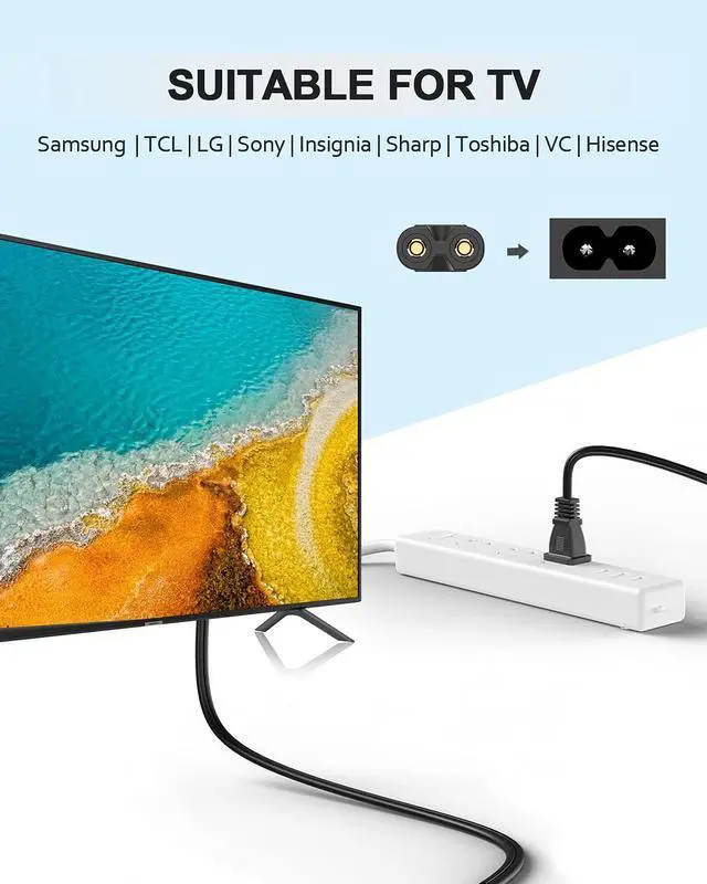 Alt view image 4 of 7 - 12Ft AC Power Cord for PS5 PS4 PS3,Xbox One S/X,Samsung TCL Roku Apple Toshiba Insignia LED LCD Smart TV,2 Prong Power Cable Replacement for HP Canon Printer