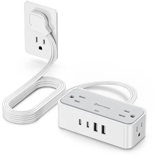 Main image of 10 FT Flat Plug Extension Cord, 4 AC Outlets 4 USB Surge Protector Power Strip, 950 Joules Protection, Wall Mount Desk Charging for Home Office, White & Gray