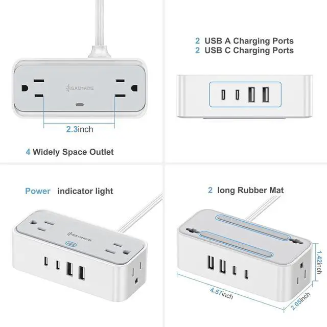 Alt view image 2 of 5 - 10 FT Flat Plug Extension Cord, 4 AC Outlets 4 USB Surge Protector Power Strip, 950 Joules Protection, Wall Mount Desk Charging for Home Office, White & Gray