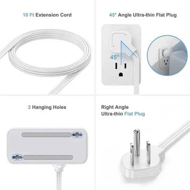 Alt view image 3 of 5 - 10 FT Flat Plug Extension Cord, 4 AC Outlets 4 USB Surge Protector Power Strip, 950 Joules Protection, Wall Mount Desk Charging for Home Office, White & Gray