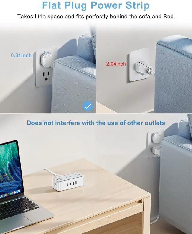 Alt view image 4 of 5 - 10 FT Flat Plug Extension Cord, 4 AC Outlets 4 USB Surge Protector Power Strip, 950 Joules Protection, Wall Mount Desk Charging for Home Office, White & Gray
