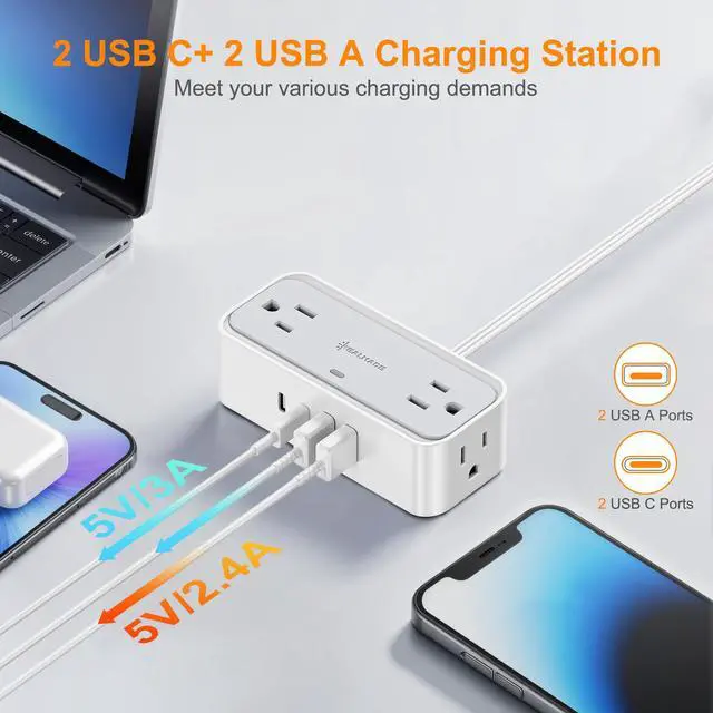 Alt view image 5 of 5 - 10 FT Flat Plug Extension Cord, 4 AC Outlets 4 USB Surge Protector Power Strip, 950 Joules Protection, Wall Mount Desk Charging for Home Office, White & Gray