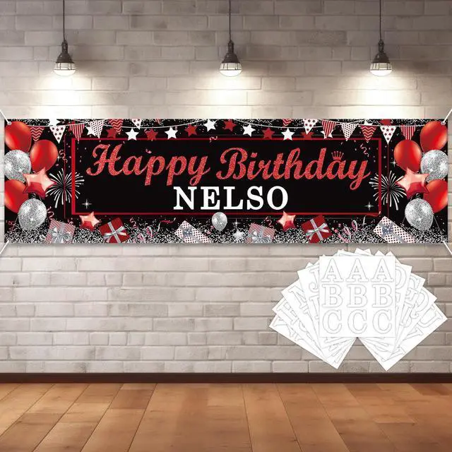 Main image of Personalized Birthday Banner Happy Birthday Party Decorations Custom DIY Black Red Birthday Party Backdrop with Name Alphabet Letter Sticker Happy Birthday Sign Party Supplies for Men Women