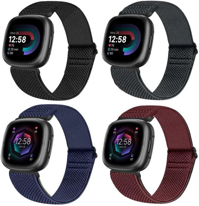 Main image of 4 Pack Elastic Watch Bands Compatible for Fitbit Versa 4/Versa 3 / Sense 2/Sense, Adjustable Nylon Stretchy Replacement Sport Loop Straps for Women Men