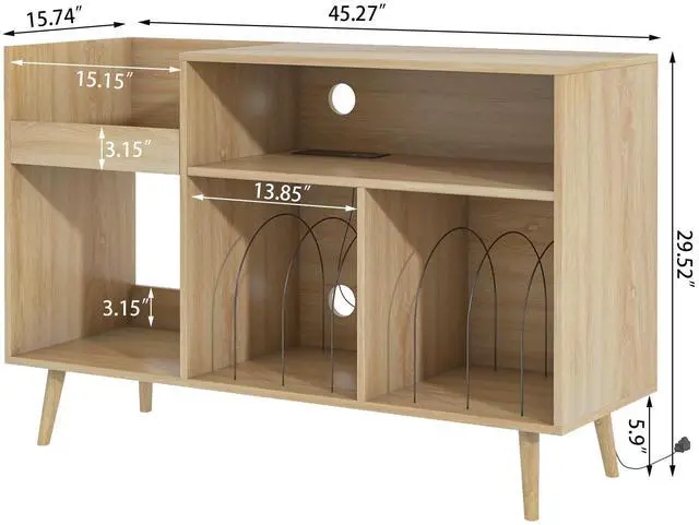 Alt view image 2 of 4 - Record Player Stand with Charging Station & USB Ports, Mid-Century Turntable Stand Table Holds Up to 300 Albums, Vinyl Record Storage Cabinet with Wood Legs for Living Room Office (Wood)