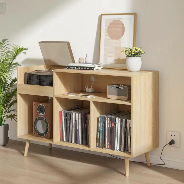 Alt view image 4 of 4 - Record Player Stand with Charging Station & USB Ports, Mid-Century Turntable Stand Table Holds Up to 300 Albums, Vinyl Record Storage Cabinet with Wood Legs for Living Room Office (Wood)