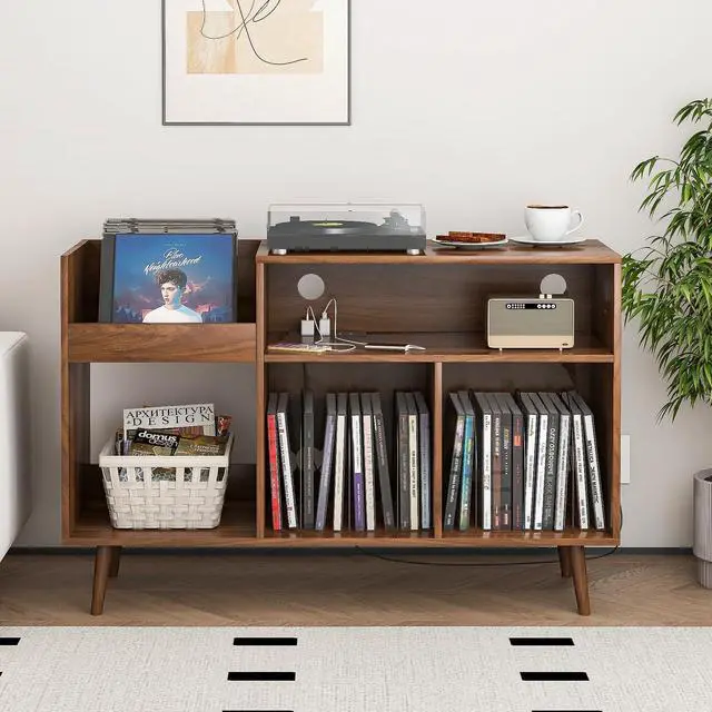 Main image of Record Player Stand with Charging Station & USB Ports, Mid-Century Turntable Stand Table Holds Up to 300 Albums, Vinyl Record Storage Cabinet with Wood Legs for Living Room Office(Walnut)