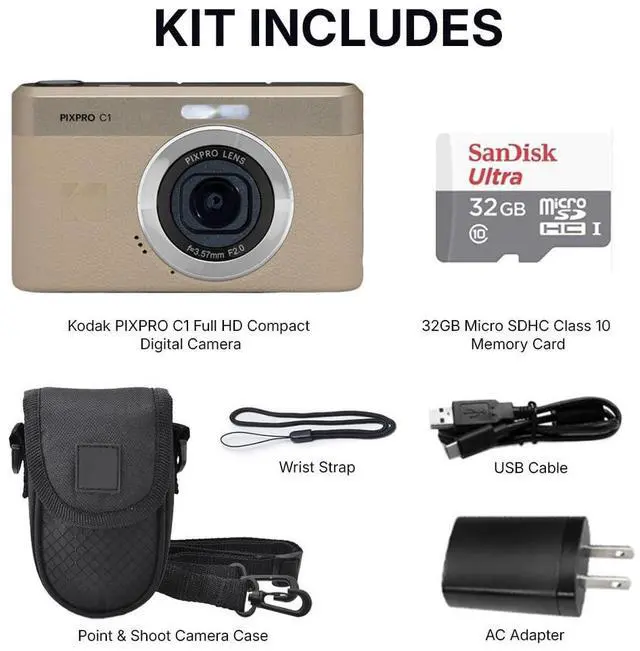 Alt view image 3 of 4 - Kodak PIXPRO C1 Digital Camera, 13MP Compact Point & Shoot, 2.8 180° Flip LCD Screen, 26mm Wide Angle Lens, 4X Digital Zoom, 1080P Full HD Video, Tan + Camera Case & 32GB Micro SD Card