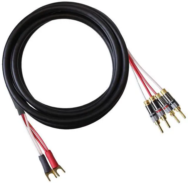 Main image of Canare 4S11 Speaker Cable, with Ultrasonically-Welded Bi-Wire Terminations (One Cable - for one Speaker); Assembled in The USA (15 Foot, Black, Two Spades to Four Bananas)