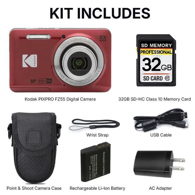 Alt view image 3 of 4 - PIXPRO FZ55 Digital Camera, 16MP Compact Point & Shoot, 5X Optical Zoom, 28mm Wide Angle Lens, 1080P Full HD Video, Red + Camera Case & 32GB SD Card