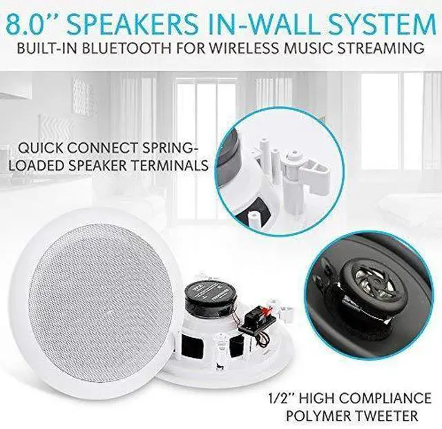 Alt view image 3 of 4 - Pair 8" Bluetooth Flush Mount In-wall In-ceiling 2-Way Universal Home Speaker System Spring Loaded Quick Connections Polyprone Cone Polymer Tweeter Stereo Sound 250 Watts (PDICBT852RD)