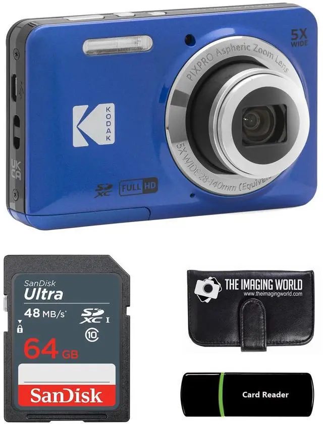 Main image of Kodak PIXPRO FZ55 Blue 16MP Digital Camera 5X Optical Zoom 28mm Wide Angle 1080P Full HD Video 2.7" LCD Camera + 64GB Card and Reader + Memory Wallet