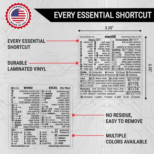 Alt view image 3 of 4 - (100 Sets) Mac OS + Word/Excel (for Mac) Shortcuts, Laminated Vinyl Stickers - for MacBook Air/Pro/iMac/Mini (Clear/Black/100)