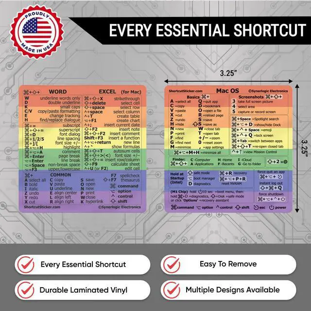 Alt view image 2 of 4 - (100 Sets) Mac OS + Word/Excel (for Mac) Shortcuts, Laminated Vinyl Stickers - for MacBook Air/Pro/iMac/Mini (Rainbow/100)