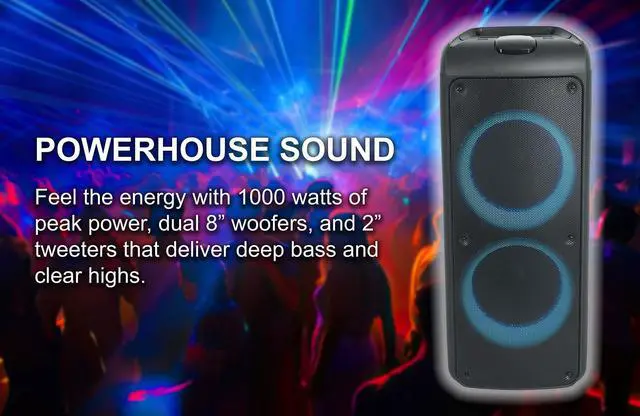 Alt view image 2 of 4 - Rock Party 9 1000W Portable Bluetooth Speaker, Dual 8" Woofers, Deep Bass, LED Lights, Karaoke Mic/Guitar Inputs, for Parties and Outdoor Events