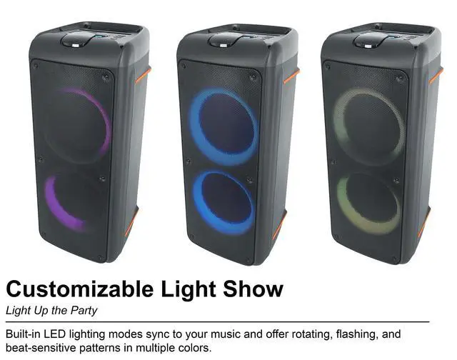 Alt view image 3 of 4 - Rock Party 9 1000W Portable Bluetooth Speaker, Dual 8" Woofers, Deep Bass, LED Lights, Karaoke Mic/Guitar Inputs, for Parties and Outdoor Events