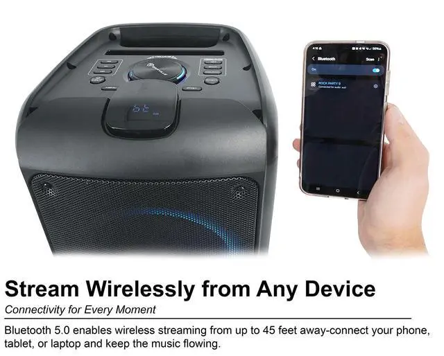 Alt view image 4 of 4 - Rock Party 9 1000W Portable Bluetooth Speaker, Dual 8" Woofers, Deep Bass, LED Lights, Karaoke Mic/Guitar Inputs, for Parties and Outdoor Events