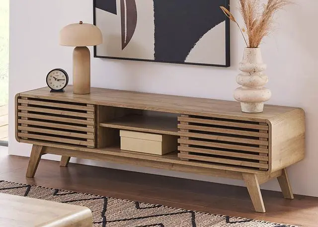 Main image of Ensley 59" TV Stand with Slatted Door, Mid Century Modern Entertainment Center for 55/60/65 inch TV, Farmhouse Media Console with Storage, Adjustable Shelves, Round Edges, Living Room (Oak)