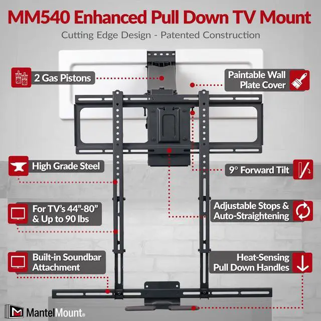 Alt view image 3 of 4 - MM540 - Above Fireplace Pull Down TV Mount for 44" to 80" Screen TVs to 90 lbs, with Patented auto-straightening, Adjustable Stops, Heat Sensor Handles & Paintable Covers