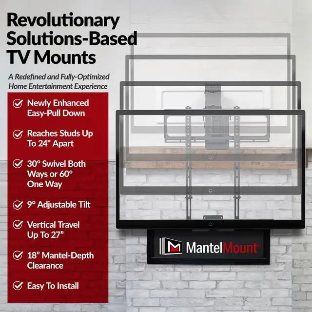 Alt view image 4 of 4 - MM540 - Above Fireplace Pull Down TV Mount for 44" to 80" Screen TVs to 90 lbs, with Patented auto-straightening, Adjustable Stops, Heat Sensor Handles & Paintable Covers