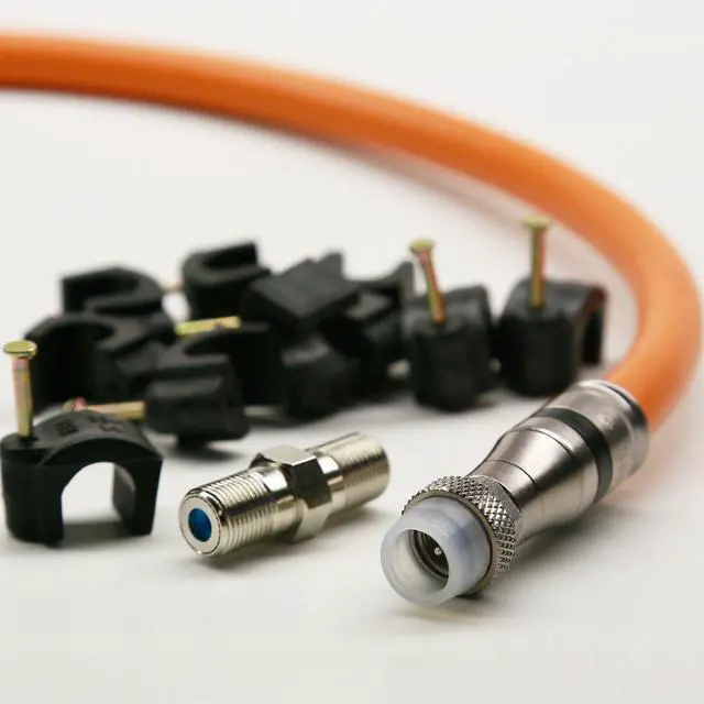 Main image of RG11 CABLE with Weather Boot F Connectors - Tri-Shield Underground Coaxial DIRECT BURIAL Gel Coated Flooded COAX Plus Female Splice Barrel & 10 Cable Nail Clips by INTL 500FT ORANGE