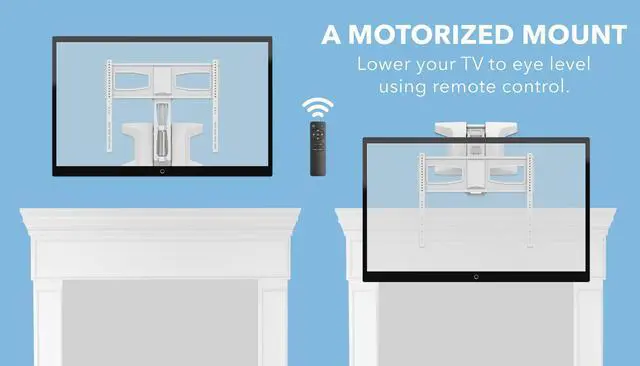 Alt view image 2 of 4 - Motorized Fireplace TV Wall Mount | Remote Control Electric Pull Down Mantel Mounting Bracket, Up to 77 Lbs Weight Capacity, Height Adjustable, Swivel, VESA 600x400 Compatible, White