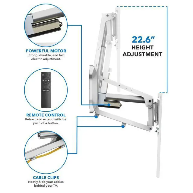 Alt view image 3 of 4 - Motorized Fireplace TV Wall Mount | Remote Control Electric Pull Down Mantel Mounting Bracket, Up to 77 Lbs Weight Capacity, Height Adjustable, Swivel, VESA 600x400 Compatible, White