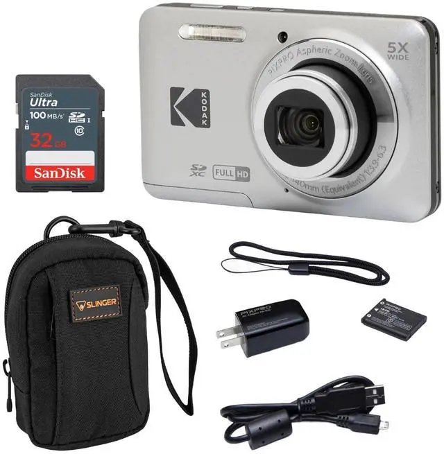 Main image of PIXPRO FZ55-BK 16MP Digital Camera 5X Optical Zoom 28mm Wide Angle 1080P Full HD Video 2.7" LCD Vlogging Camera. Bundle with SD Card and Slinger Camera Bag (Silver)