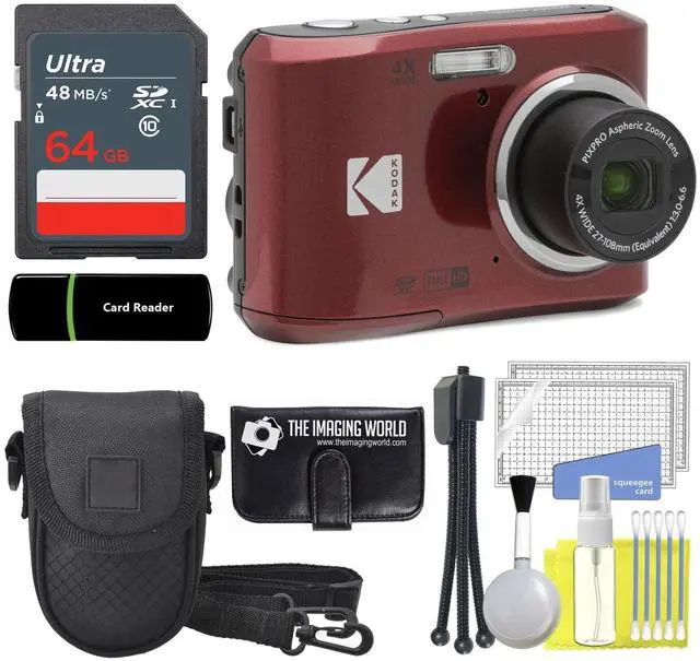 Main image of Kodak PIXPRO FZ45 16MP Digital Camera 4X Optical Zoom 27mm Wide Angle 1080P Full HD Video 2.7" LCD Camera (Red) + 64GB Card and Reader + Case + Memory Wallet + Tripod + Cleaning Bundle