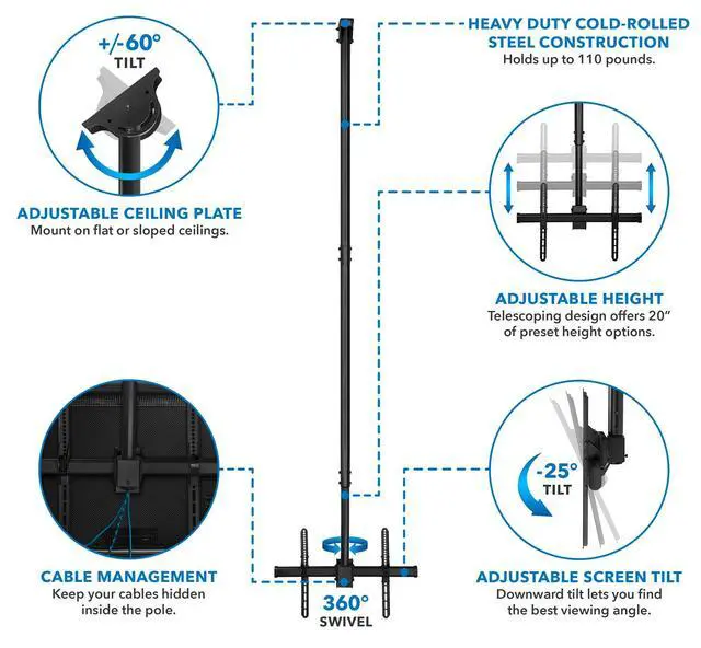 Alt view image 3 of 4 - Extra Long TV Ceiling Mount, 10-Foot Pole, Full Motion 360°, Fits 3275 Inch up to 110 lbs, VESA 200x200 to 600x400, Height Adjustable 98118 Inches, Flat or Vaulted Ceilings (MI-509XL)