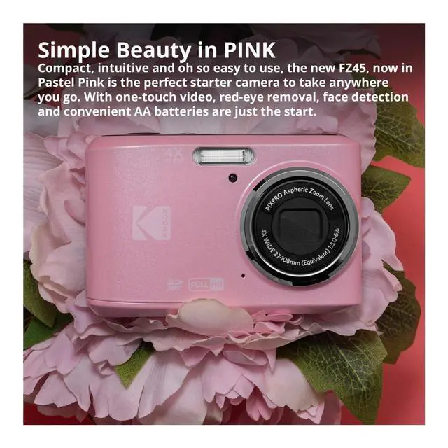 Alt view image 2 of 4 - PIXPRO FZ45 Friendly Zoom 16MP 1080p Full HD Digital Camera (Pastel Pink) with 128GB SD Card, Compact Camera Case and Extra 4X AA Batteries Bundle (4 Items)
